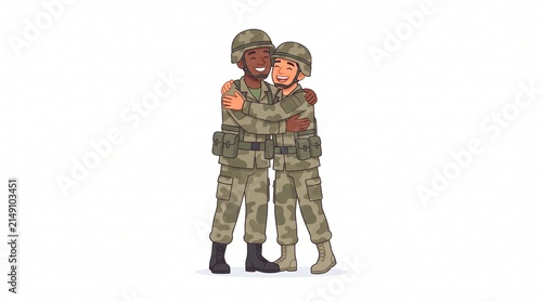 Two soldiers in camouflage uniforms hugging each other