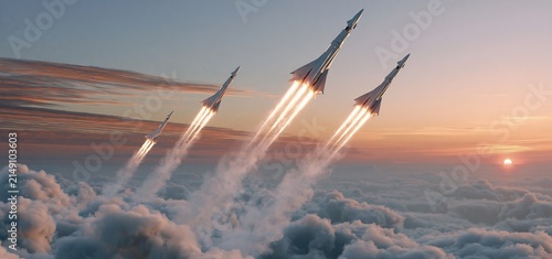 A fleet of futuristic rockets launches into a colorful sunset sky with layered clouds, representing technological progress.