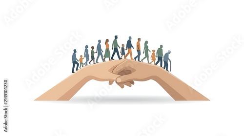 Generations walking across bridge formed by human hands symbolizing unity and support for people of all ages through time