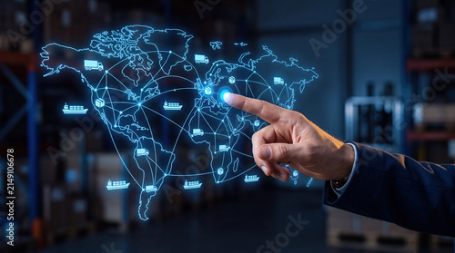 AI Supply Chain Logistics Optimization Concept: Hand Pointing at Glowing World Route Map With Truck and Ship Icons, Global Delivery Technology