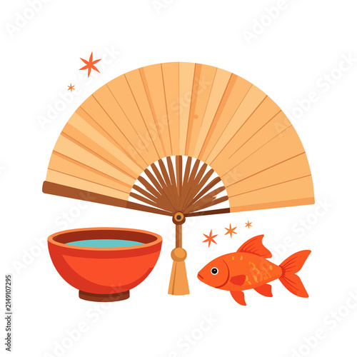 Traditional Japanese Hand Fan Goldfish and Water Bowl Vector Illustration Isolated on Transparent Background