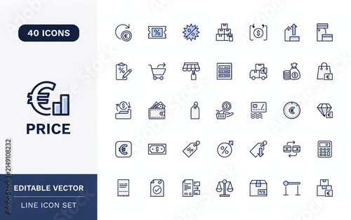 Price Line Icons Set with Pricing, Finance, Payment and Cost Symbols