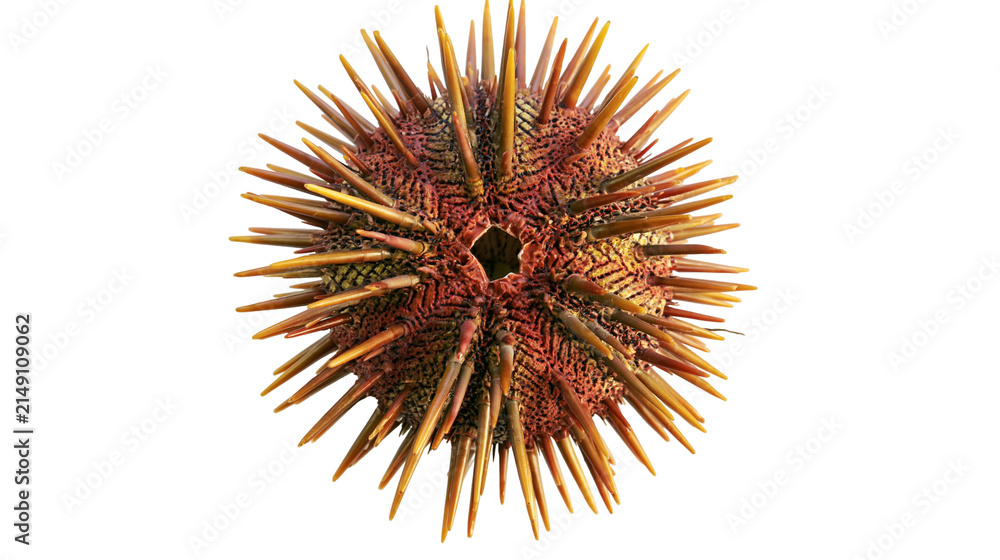 Fototapeta premium Spiky red and yellow sea urchin shell with sharp spines