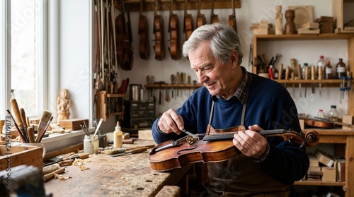 Elderly luthier repairing a violin at a wooden workbench. Senior craftsman restoring a stringed musical instrument in a traditional workshop. Skilled trade and artisan profession concept