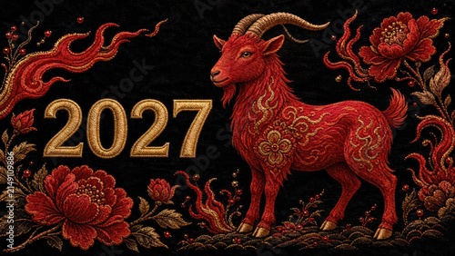 Embroidered red fire goat with gold patterns on black background. Floral motifs and 2027 text in traditional needlework style. Chinese New Year zodiac symbol