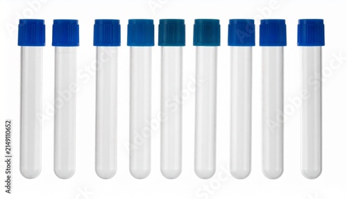 Set of empty test tubes with blue caps isolated on white background