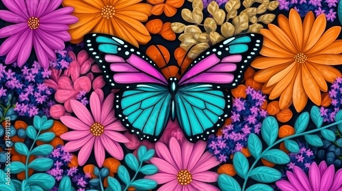 A vibrant illustration featuring a butterfly amidst colorful flowers, perfect for nature themes, spring promotions, or design projects, Ideal for backgrounds, greeting cards, or educational materials