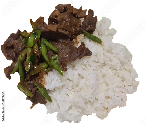 white jasmine rice and spicy stir-fried pork and green bean on white background top view