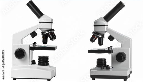 Two professional microscopes isolated on white background