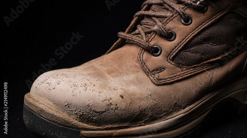 scuffed. Extreme close-up of a worn leather work boot, showing deep scratches and creases with dramatic side lighting. lifestyle magazines.