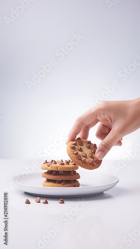 Hand Taking Donut From Stack On White Plate.