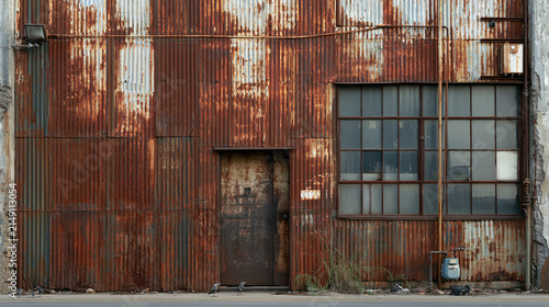 Industrial facade with weathered corrugated rusted metal siding and windows. Urban decay concept for gritty backdrop.