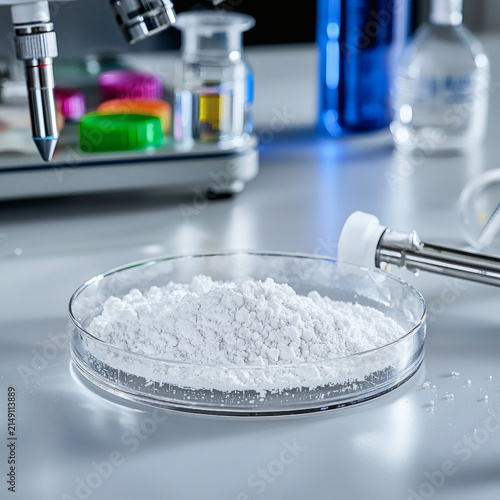 Detailed view of white substance in a lab dish with various scientific tools and glass containers around it