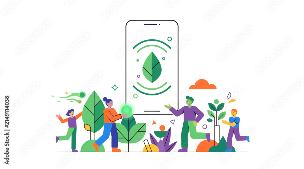 Naklejka premium Illustrated Eco Friendly Mobile App Concept with Diverse Team Celebrating Sustainability