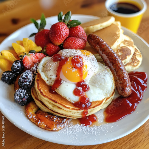 Delicious breakfast spread featuring pancakes fresh fruits sausages and coffee for a perfect morning meal