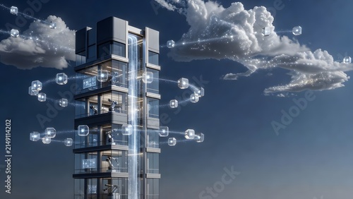 Futuristic Smart Building with Glowing Digital Data Networks, Floating Connected Nodes and Advanced Artificial Intelligence Technology Against a Dramatic Cloudy Sky
