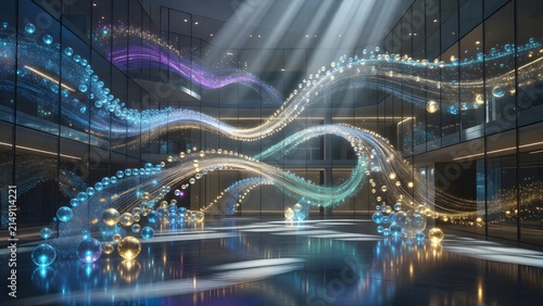 Futuristic Digital Data Streams with Glowing Blue and Gold Particles Flowing Through a Modern Glass Architecture Interior, Abstract Technology and Energy Concept