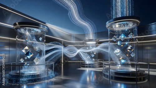 Futuristic Digital Energy Flow Through Transparent Cylindrical Technology Chambers with Glowing Geometric Data Particles in a High-Tech Laboratory Environment