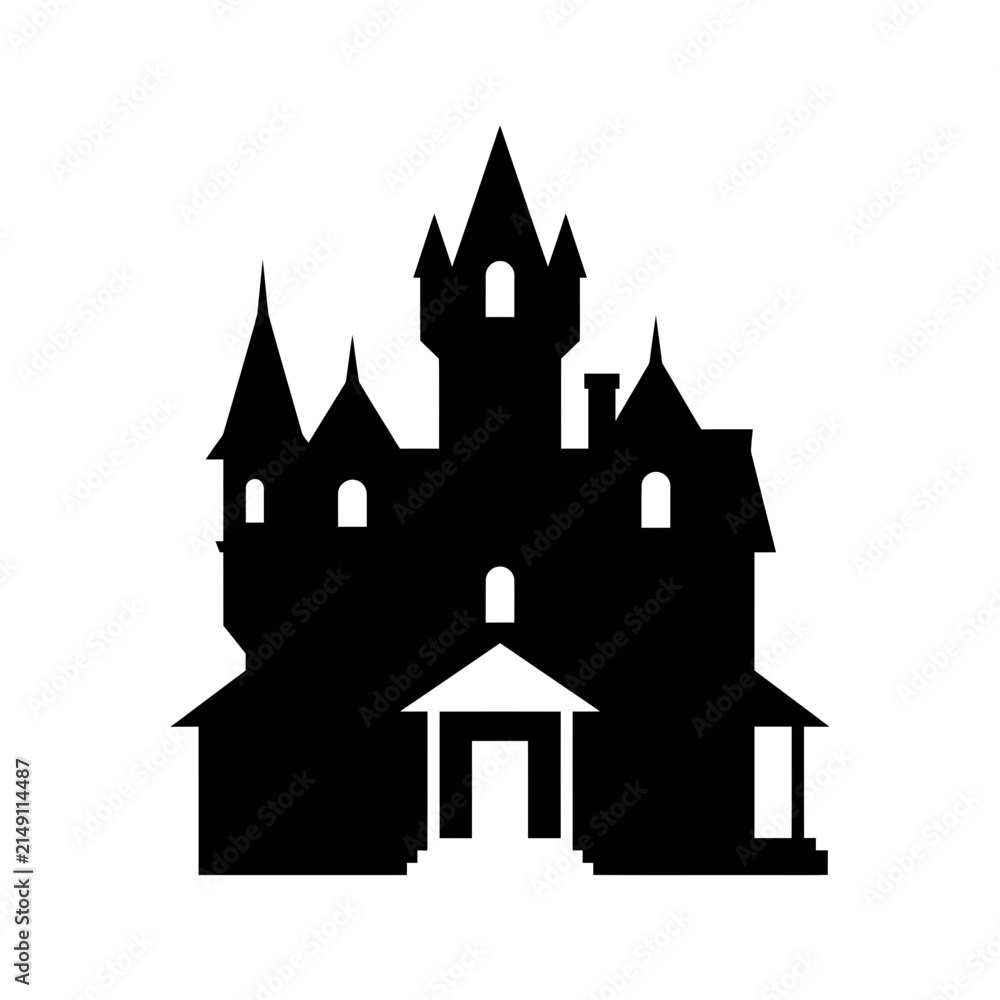 Fototapeta premium Castle silhouette with towering spires and gate.