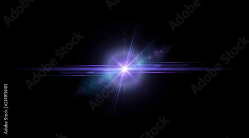 A bright purple lens flare effect with horizontal light streaks and glowing particles isolated on a solid black background for digital graphic design