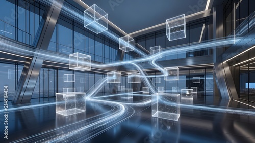 Futuristic digital network concept with glowing data streams in modern architecture