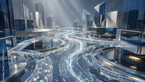Futuristic cityscape with glowing energy streams flowing through modern architecture under bright light.