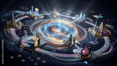 Futuristic interconnected cities forming a vibrant digital network around a glowing energy core.