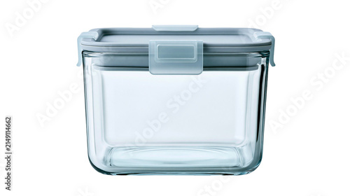 Square glass food storage container with grey lid and clips
