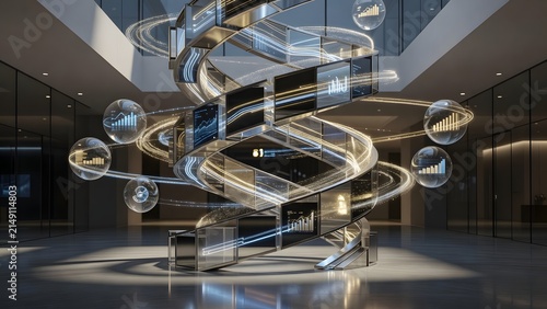 Futuristic digital data spiral with glowing screens in modern interior