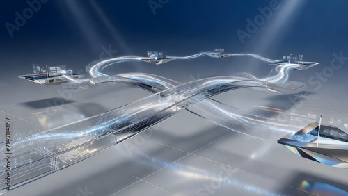 Futuristic transportation network connecting modern cities with sleek aerial vehicles