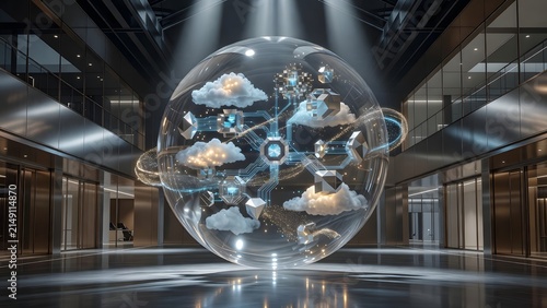 Futuristic digital sphere showcasing cloud technology and data connections in a modern, luminous environment