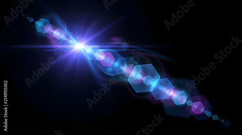 Abstract blue and purple lens flare effect with hexagonal bokeh shapes isolated on a black background for digital photography and graphic design projects