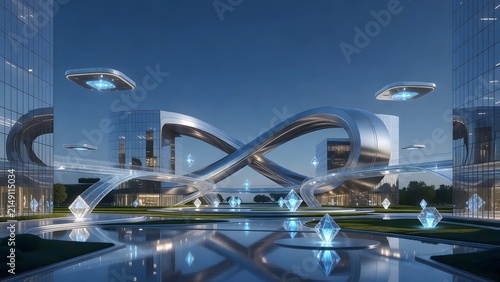 Futuristic cityscape with sleek architecture and flying vehicles, symbolizing innovation and progress.