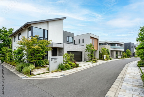 緑豊かな街並みに並ぶモダンデザインの高級住宅と整備された分譲住宅地の風景