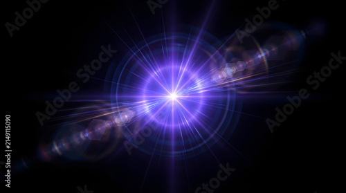 Abstract background featuring a bright purple glowing starburst with circular lens flares and light streaks isolated on a deep black space background design