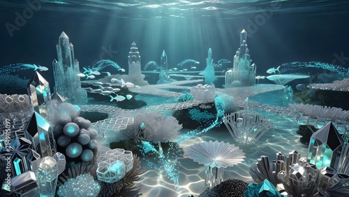 Mystical underwater crystal kingdom bathed in ethereal light with shimmering sea life.