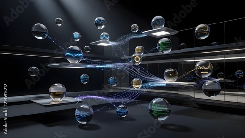 Futuristic digital network connecting glowing spheres in a dark, modern environment