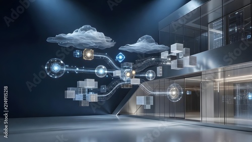 Futuristic digital network connecting abstract cloud data in a modern architectural space