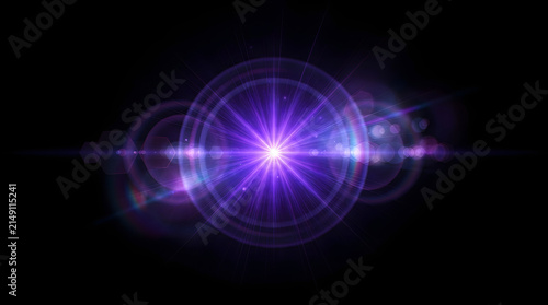Abstract purple light flare effect with circular lens reflections and glowing rays isolated on a solid black background for digital design and compositing