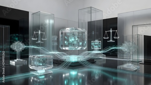 Futuristic digital network connecting glowing abstract structures and scales of justice