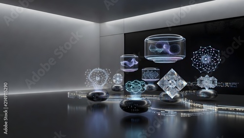Futuristic glowing digital data visualizations floating in a modern minimalist exhibition space.