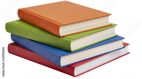Stack of four hardcover books in orange green blue, and red