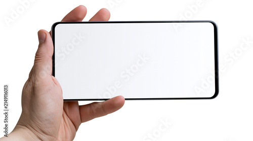 Hand holding smartphone horizontally with blank white screen