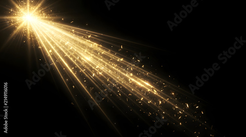 Abstract golden light rays with sparkling particles and lens flare effect isolated on a black background for luxury design and festive holiday overlays