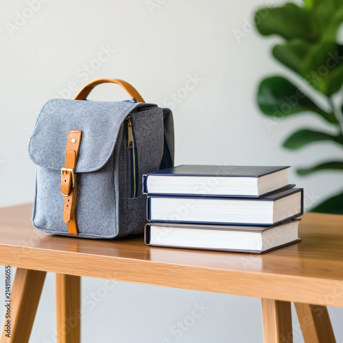 Chic gray backpack resting on a wooden table beside neatly arranged books with a vibrant green plant in the backdrop