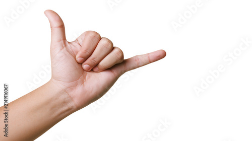 Obraz na płótnie Hand making Shaka sign with thumb and pinky extended
