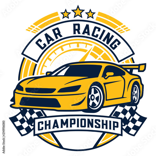 Car racing championship logo and T-shirt design, vector illustration of a taxi car.