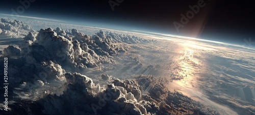 Breathtaking View of Earth from Space with Clouds and Sunrise.