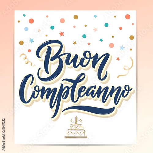 Handwritten Buon Compleanno greeting card with confetti design.