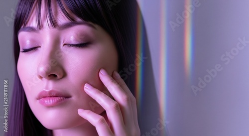 Moody close-up of a woman with closed eyes touching her face under soft purple ambient light